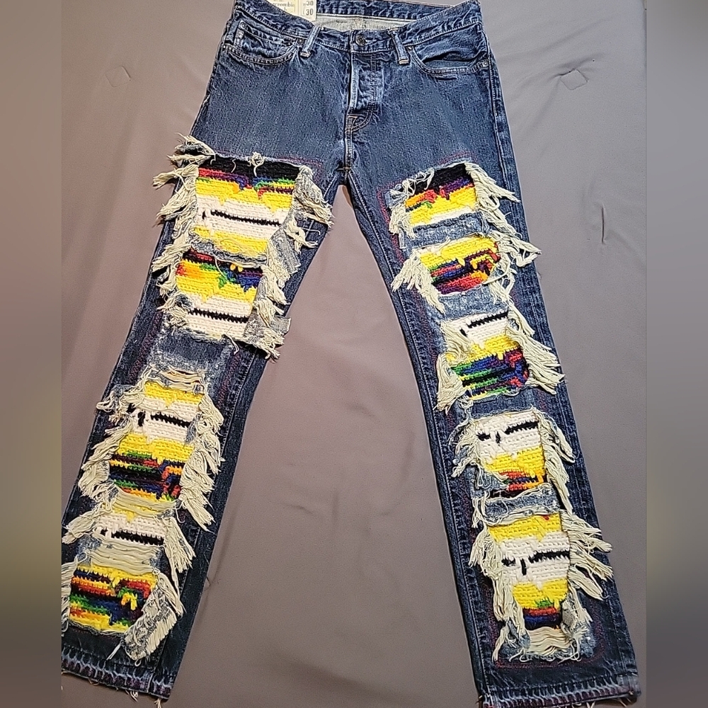 Reworked Abercrombie Fitch Mens Jeans 30 X 30 Distressed Patched Afghan Upcycle